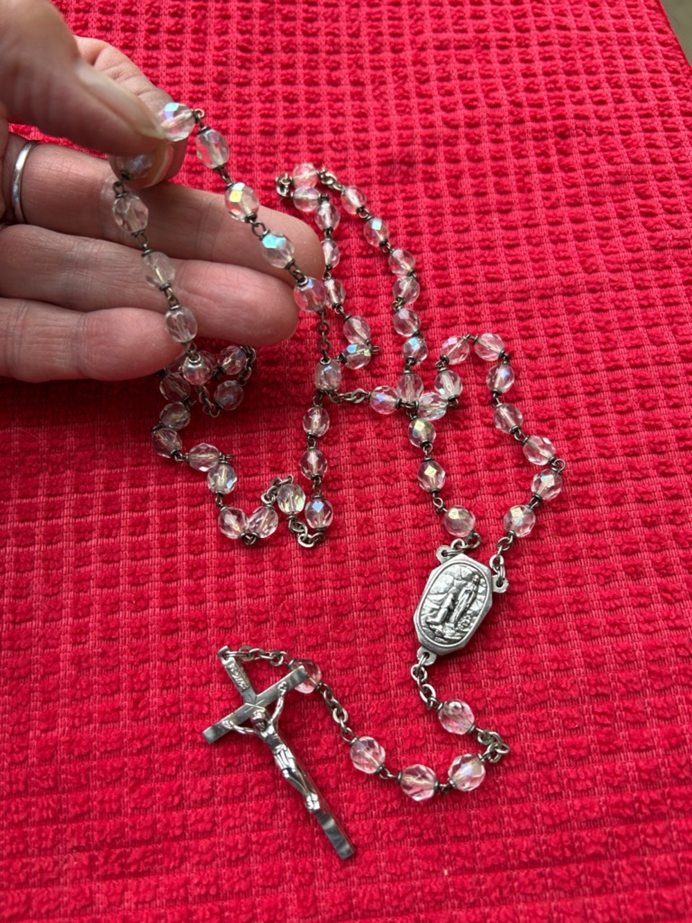 VTG Iridescent Clear Crystal Rosary Necklace From Lourdes Italy